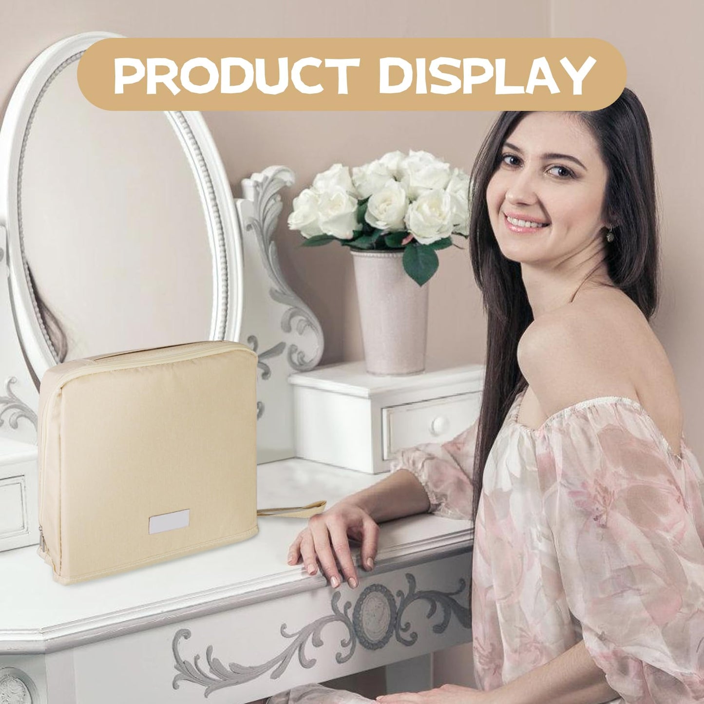ONRSV Large Capacity Standing Makeup Bag for Travel, Foldable Hanging Toiletry Organizer with 3 Storage Layers & 8 Inner Pockets, Portable Cosmetic Case for Women (Beige)