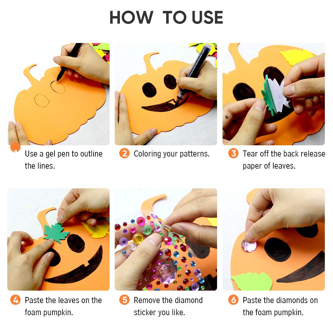 Hifunwu 30Pcs Halloween Foam Pumpkin Craft Kit Decorations with Foam Fall Maple Leaves Rhinestone Stickers for Halloween Thanksgiving Art Crafts Decorations