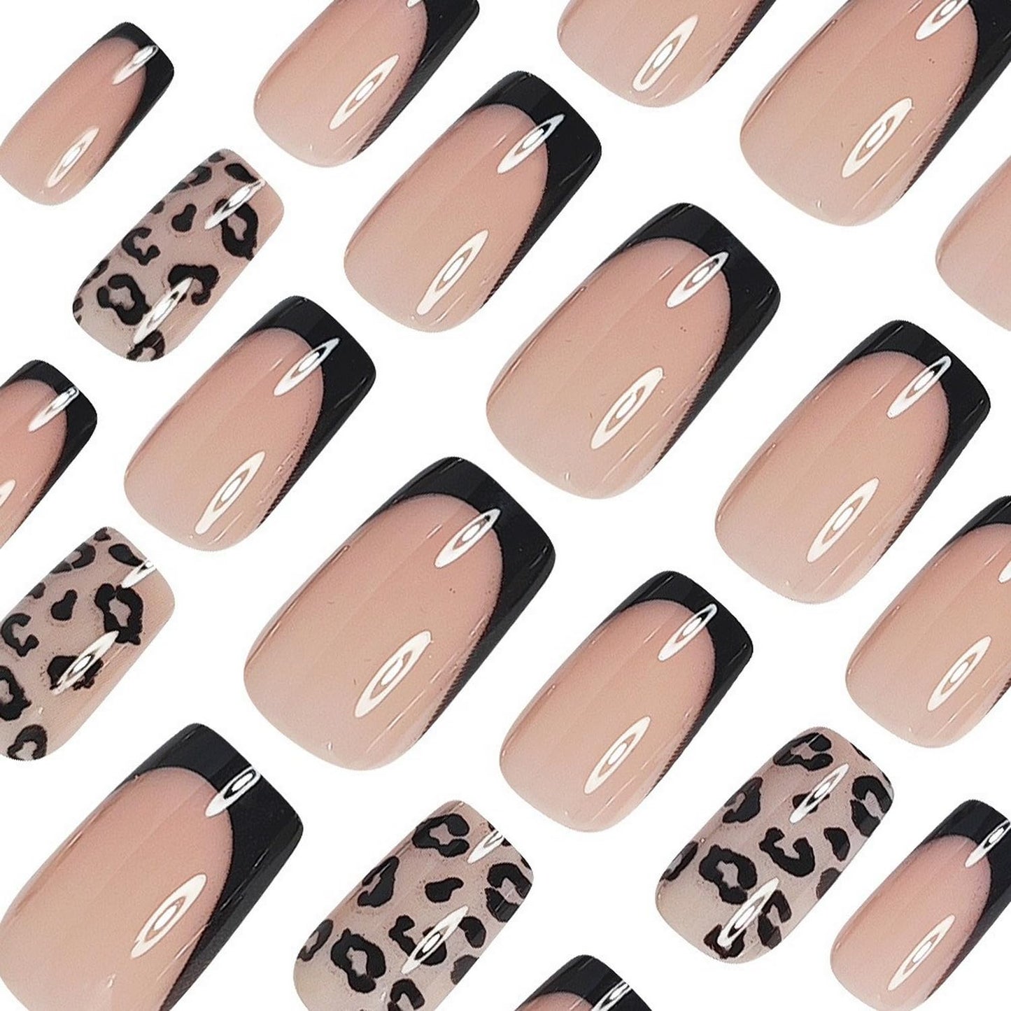24 Pcs French Press on Nails Short Square Shaped Fake Nails with Black Leopard Print Designs Full Cover Acrylic Nails Glossy False Nails Stick on Nails Women Nails Manicure Decoration