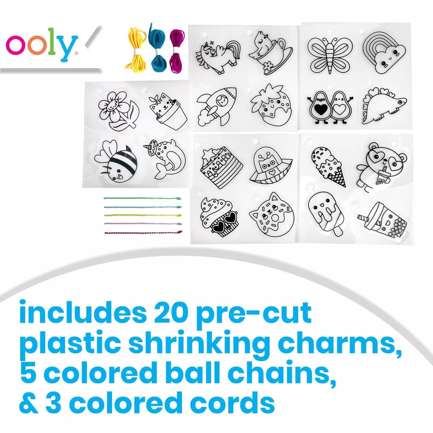 Ooly 28 PC DIY Shrinking Art Kit for Kids, 20 Plastic Pre Cut Charms and More, No Mess Creative Activity Jewelry Making Kit - Cute Crew