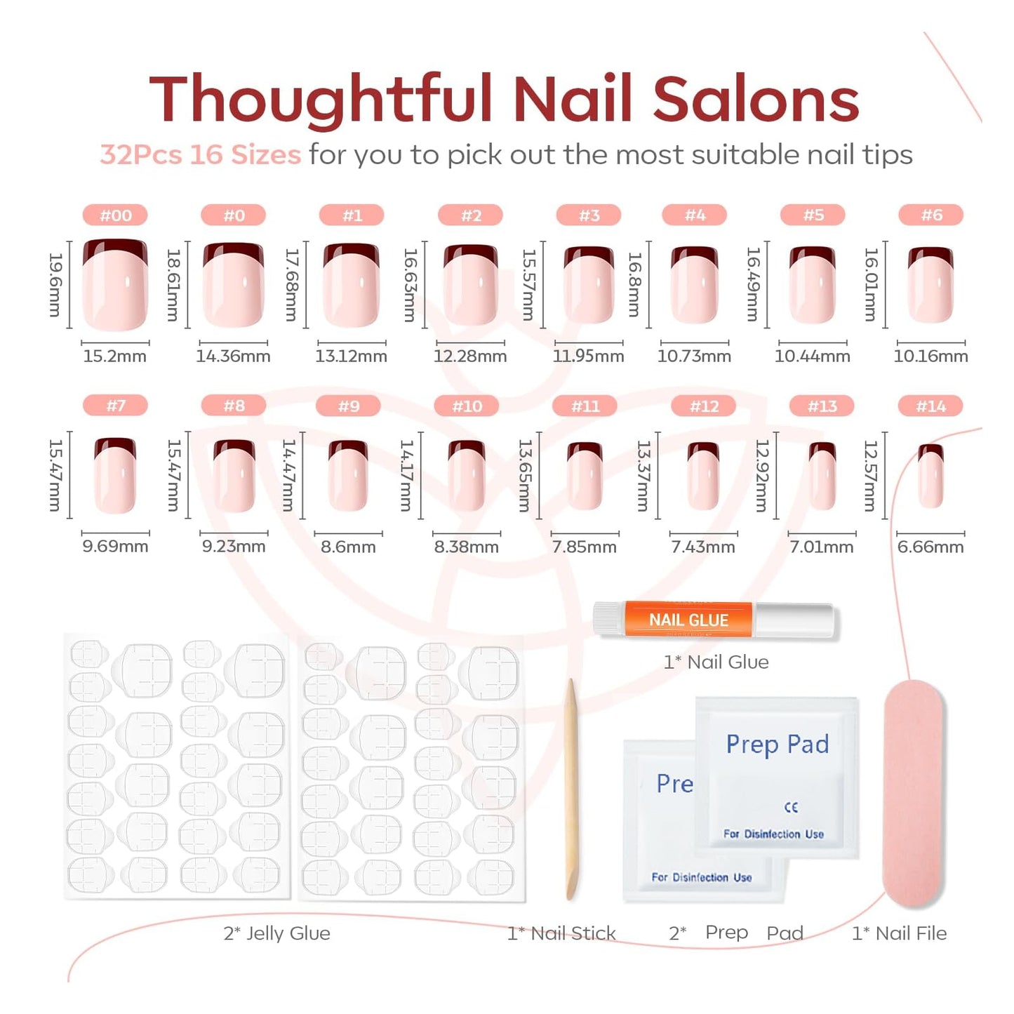 Modelones Press on Nails, Red Chrome French Short Square Fake Nails, Reusable Nail Kit with Nail Glue Adhesive Tabs Mini Nail File, Nails Press Ons 32Pcs16 Sizes