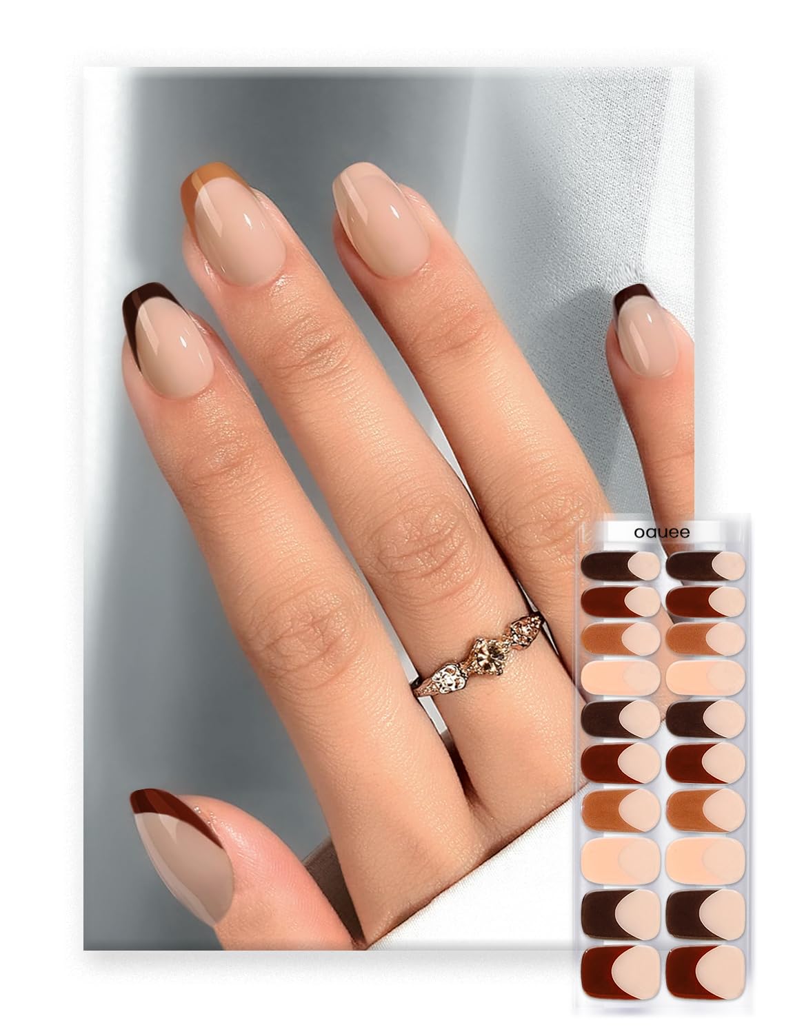 Oauee Semi Cured Gel Nail Strips | Built-In Gel Top Coat | UV Light Required | Salon Quality, Easy Application And Removal (Cocoa Edge Nails)