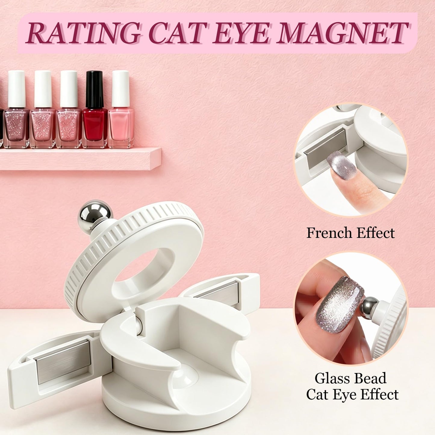 Plman 360° Rotating Cat Eye Magnet Set for Cat Eye Gel Polish, Nail Art Tool with U-Shaped Magnet for Beginners DIY Salon, Open Space Design Magnetic Nail Tool for 3D Effects (Rotating+U-shaped White)