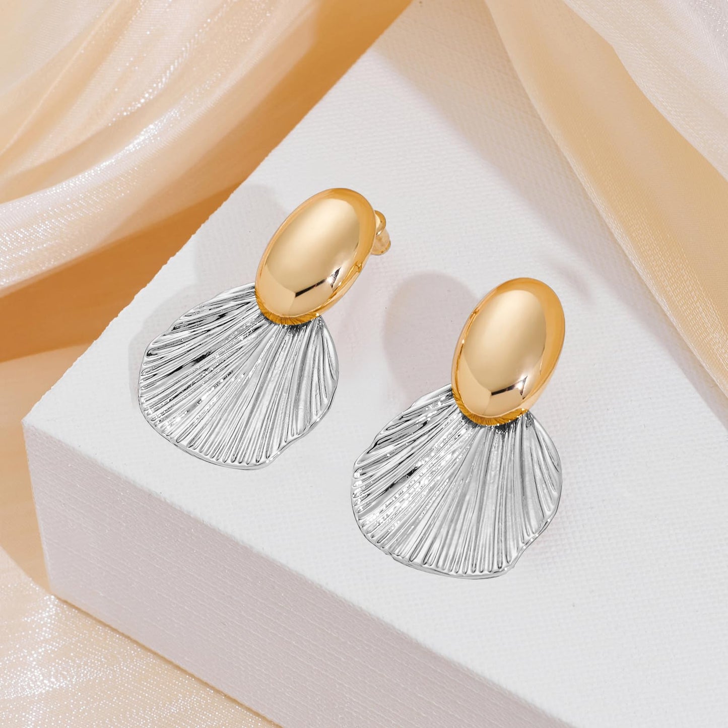 FILMOON Chunky Two-Tone Earrings Shell Earring for Women Fan-Shaped Fashion Statement Jewelry