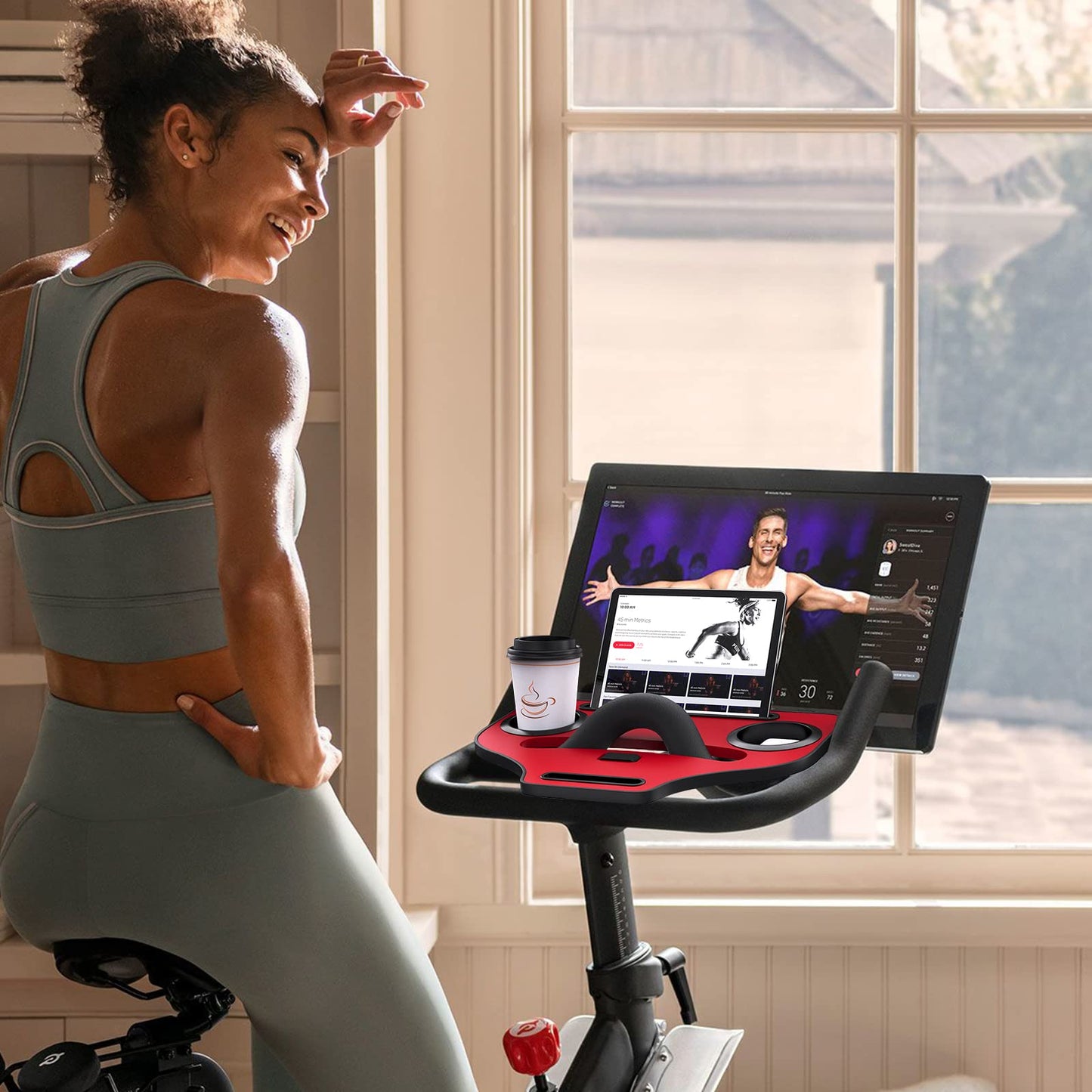 Qsxou Desk Attachment for Peloton Bike (NOT Bike+) Tray Holder for Phone, Cup, Tablet, Ergonomic Platform Tray Accessories for Peloton Spin Bikes