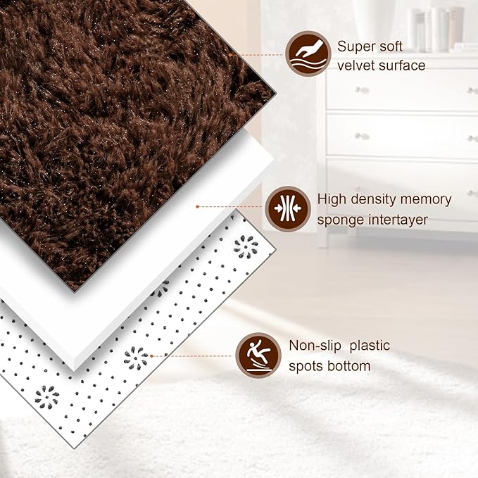 TWINNIS Super Soft Shaggy Rugs Fluffy Carpets, 4x5.9 Feet, Indoor Modern Plush Area Rugs for Living Room Bedroom Kids Room Nursery Home Decor, Upgrade Anti-Skid Rectangular Fuzzy Rug, Brown