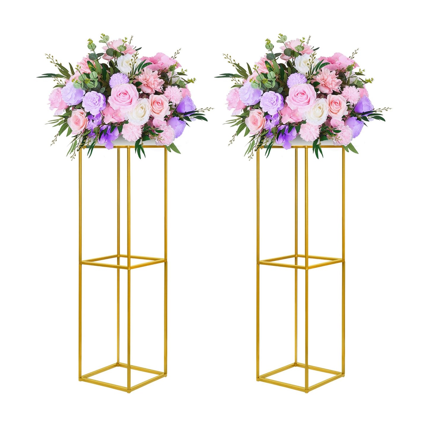 YALLOVE 2 Pcs 31.5 Inch Metal Flower Stand, Gold Centerpieces Vases Stand With Clear Acrylic Sheets, Geometric Display Rack for Wedding Party Decorations