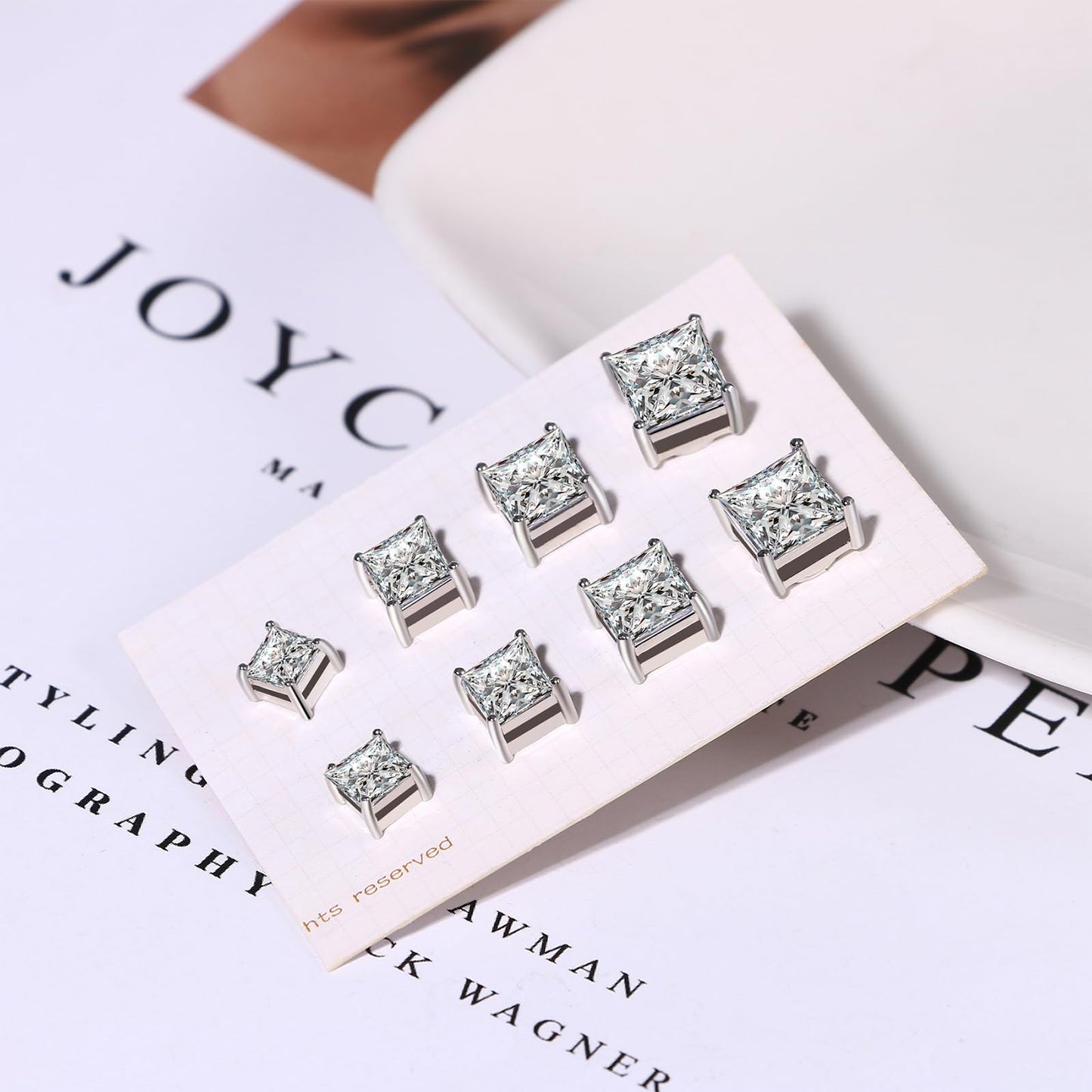 Magnetic Non-piercing Clip On Earrings: Stainless Steel 5-8mm Square CZ Inlay Round Fake Cheater Studs for Men Women, 4 Pairs Silver