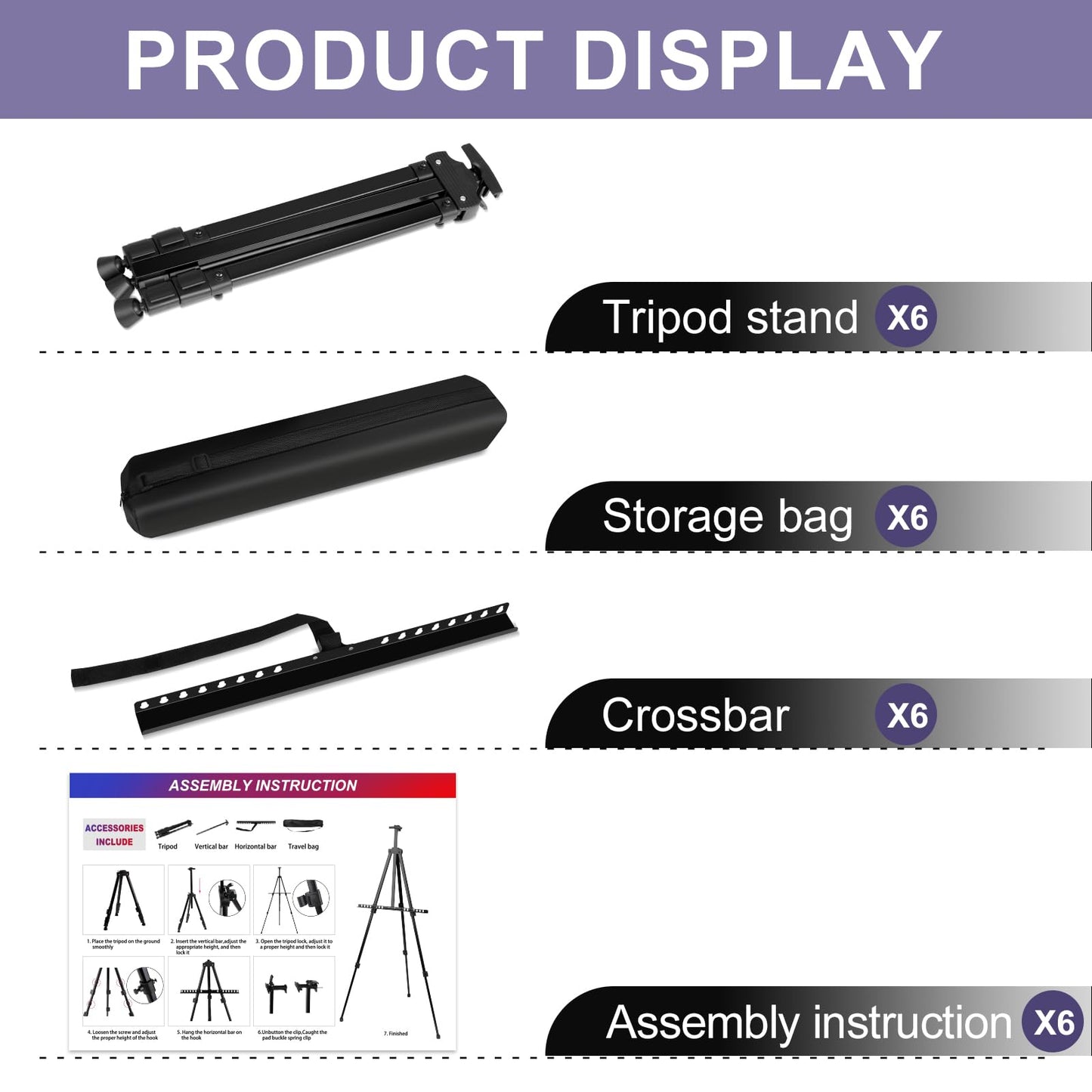 AROIC 6 Pack Painting Display Easel Stand Portable Adjustable Metal Tripod Artist Canvases Height from20to66Inch Extra Sturdy forTable-Top/Floor Painting, Drawingand Displaying,Black with 6StorageBag