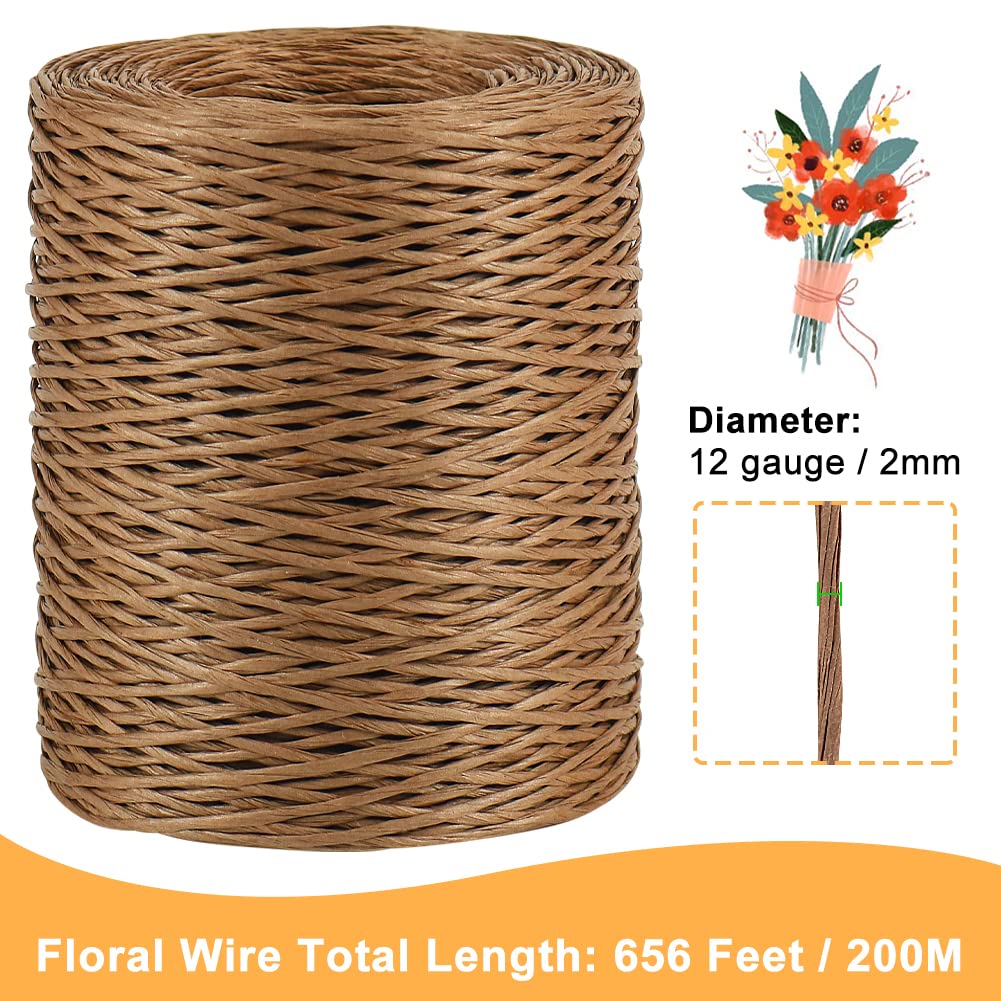 Brown Floral Wire, 656 Feet 2mm Paper Covered Bind Wire for Floral Bouquets, Flower Crowns, Wreath Making, Christmas Ornaments, Wedding Decorating, Crafts