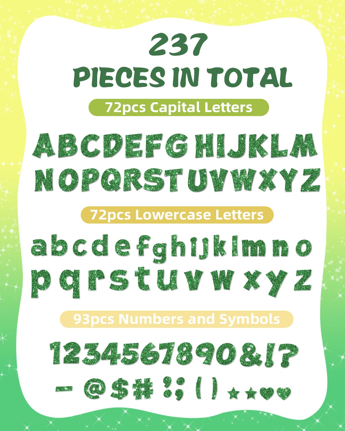 237 Pcs Glitter Bulletin Board Letters, Numbers and Punctuation, Poster Board Letters Alphabet Cut Out Cardboard Letters Accessories for Classroom Display Decorating Supplies 4inch (Green)