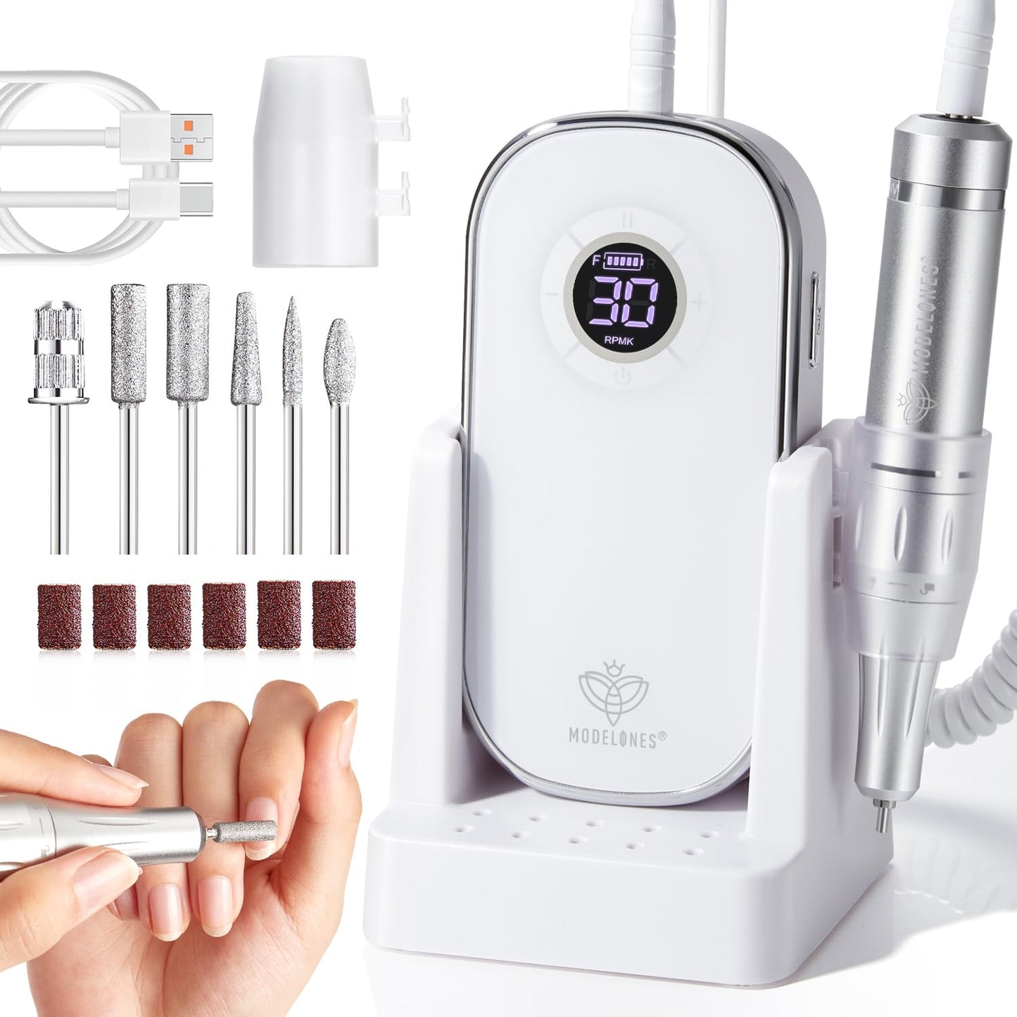 Modelones Professional Electric Nail Drill, 42000 RPM Portable Cordless Touchscreen 10h+ Runtime Rechargeable Nail Drill Kit with Storage Stand and 6 Drill Bits for Acrylic Nails Gel Removal