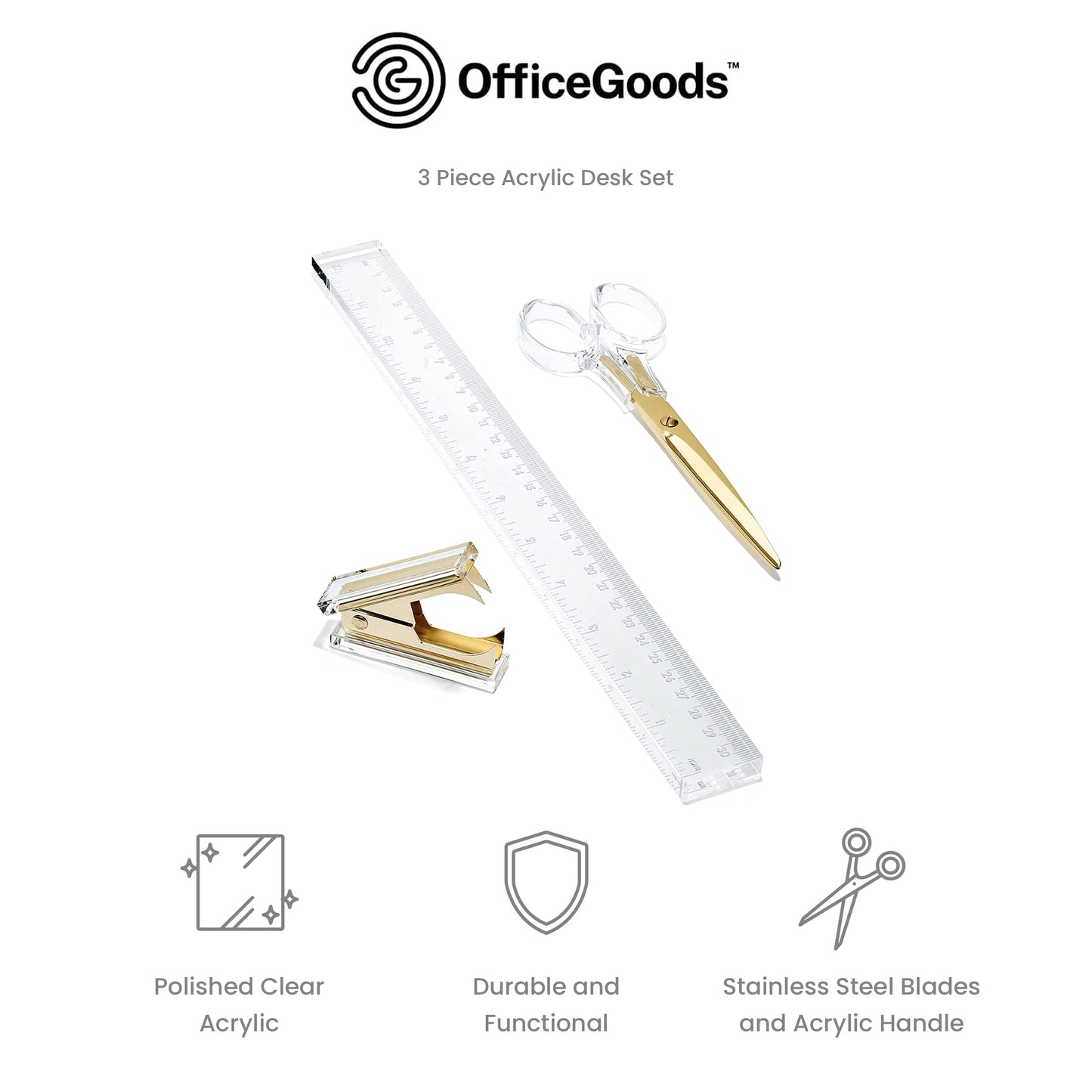 OfficeGoods 3 Piece Acrylic Desk Set - Includes Ruler, Staple Remover, Scissors - Functional & Elegant Desk Accessories - Stationary Tools for Home, Office, and School - Gold