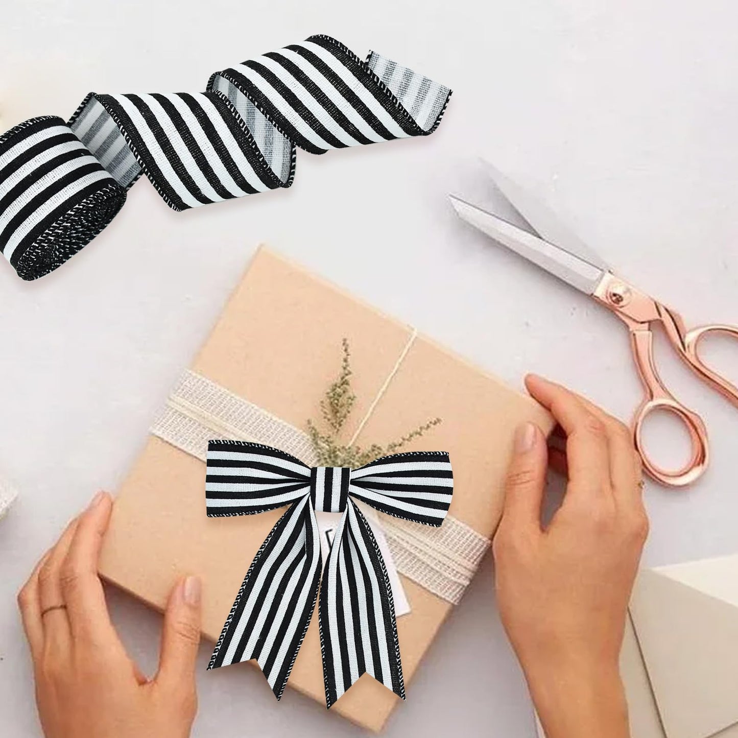 TONIFUL 2 Rolls-2 Inch Black Striped Wired Ribbon, Black and White Stripe Wired Ribbon for Gift Wrapping, Indoor, Bows Making, Wedding Birthday Party Decoration (6yds/roll)