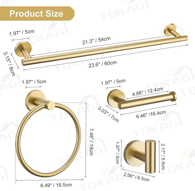 TQKAG Brushed Gold Bathroom Hardware Accessories Set 10-Pieces, Premium SUS304 Stainless Steel Bathroom Towel Bar Holder Set 23.6 Inch Round Towel Racks for Bathroom Wall Mounted
