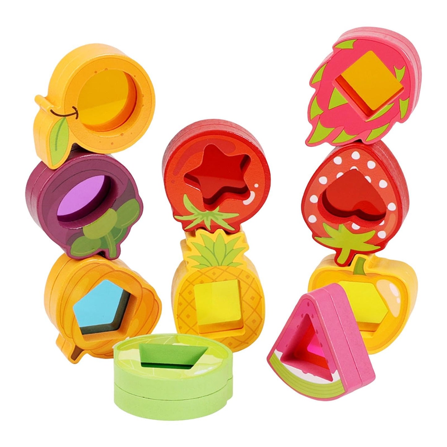 Wooden Stacking Blocks for Kids, 10-Piece Sensory Toy Set with Acrylic Fruit & Vegetable Shapes, Fine Motor Skills Gift for Boys Girls
