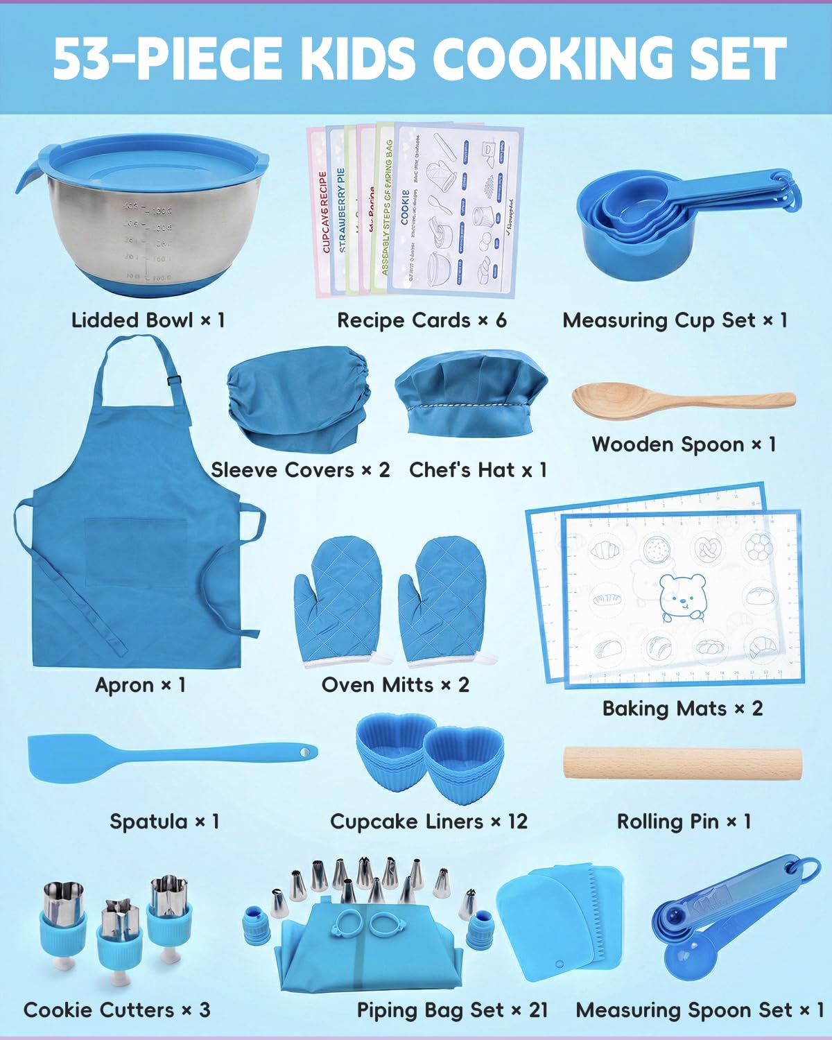 Kids Baking Set–Real Cooking Set for Kids with Kids Cooking Utensils & Kitchen Accessories, Measuring Tools & Baking Supplies,Great Gift for Pretend Play & Montessori Learning (Blue)