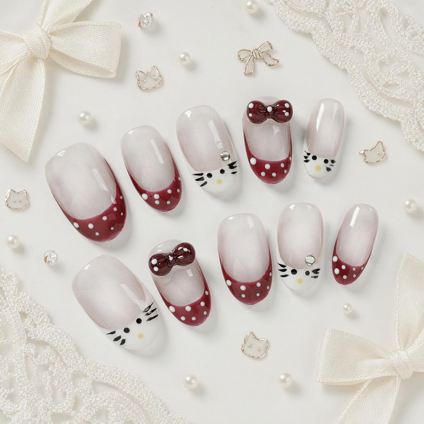 Tesytto Handmade Press on Nails Almond Shape Glossy Reusable False Nails for Nail Art (Cute Cat Polka, S)