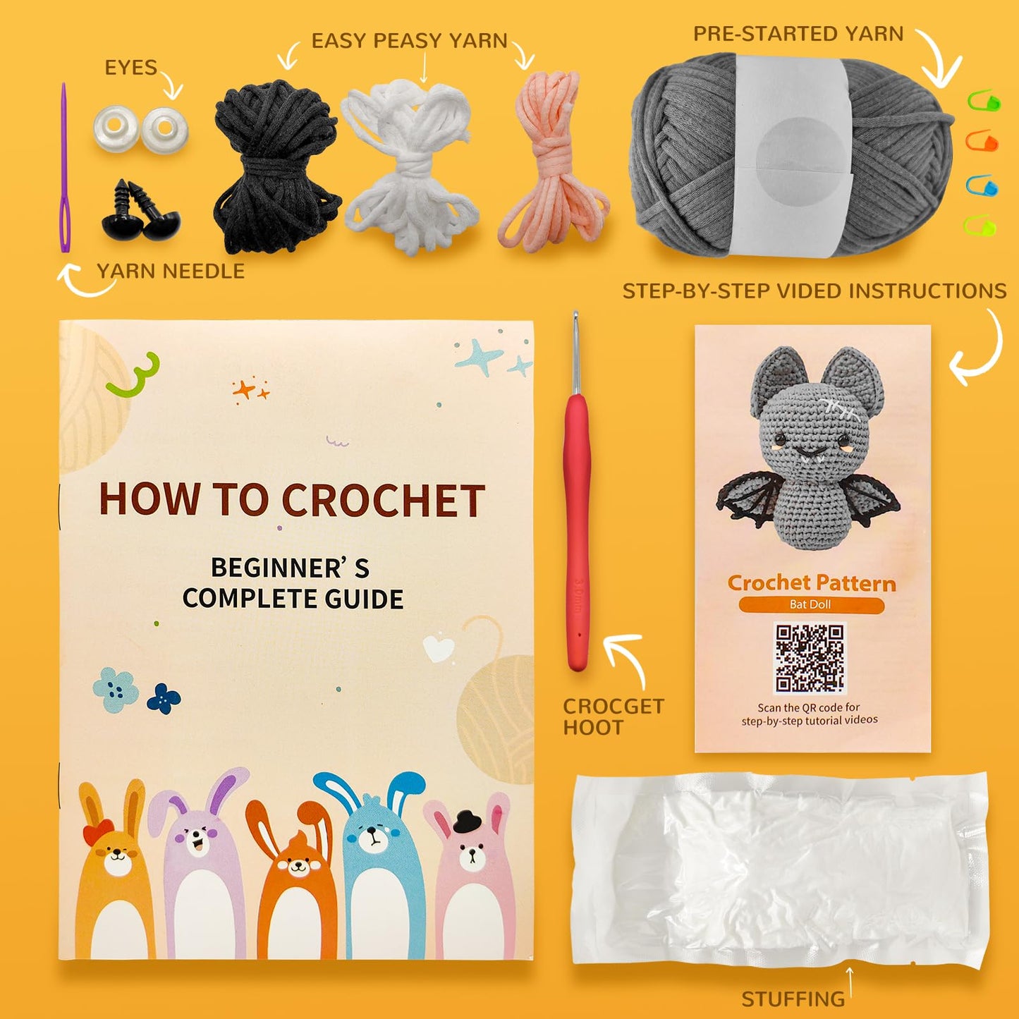 minimal beee Bat Crochet Kit for Beginners - DIY Halloween Craft Gift with Animal Yarn, Easy Knitting Supplies for Adults, Complete Starter Crochet Set with Needles & Instructions