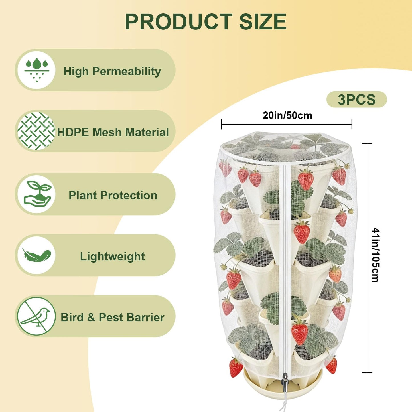 3Pack 41" x 20" Vertical Strawberry Pot Netting, Plant Pot Insect Netting with Zipper & Drawstring, Bird Barrier Planter Pot Garden Net Round Cover for 5-Tier Stackable Strawberry Fruit Vegetable