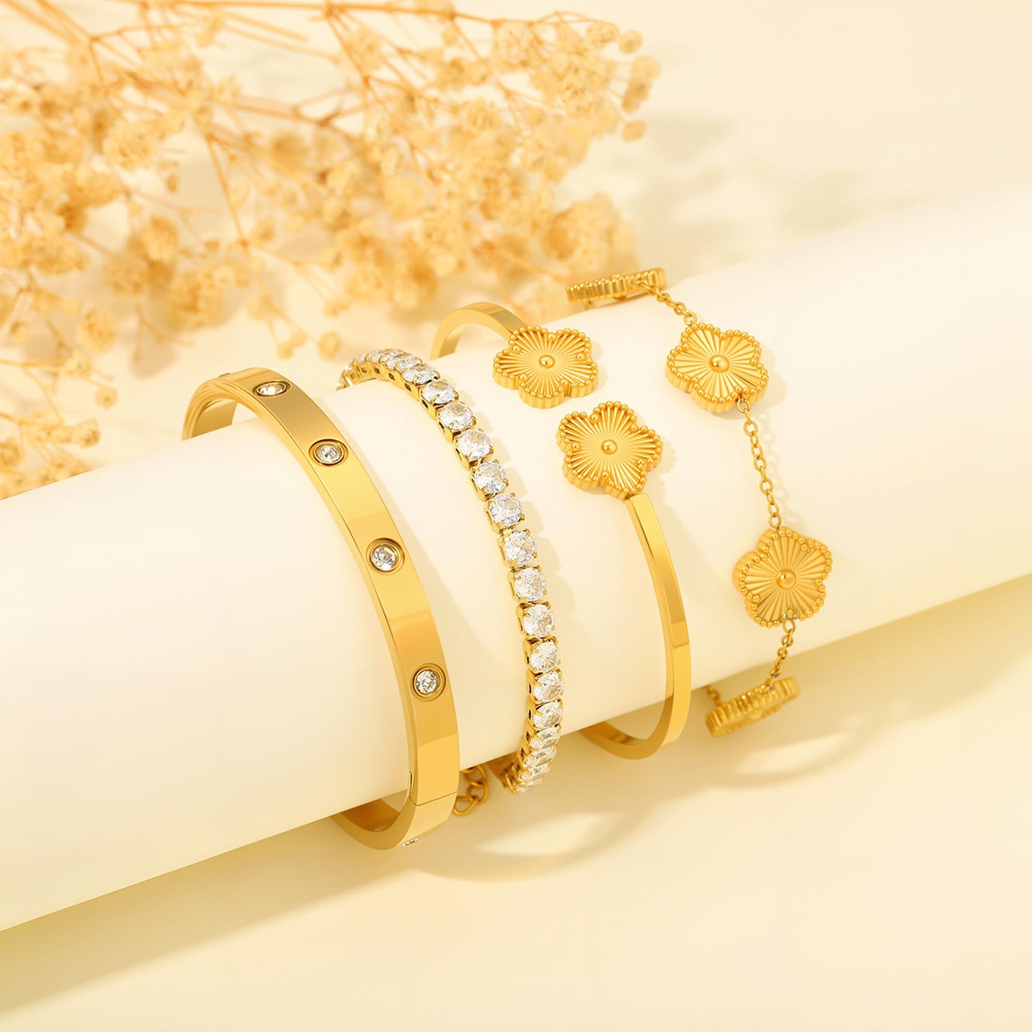 ISELBDR 18K Gold Plated Clover Bangle Bracelet Set for Women Stackable Adjustable Tennis Bracelet Non Tarnish Gift Jewelry for Christmas Valentines Birthday Mother's Day