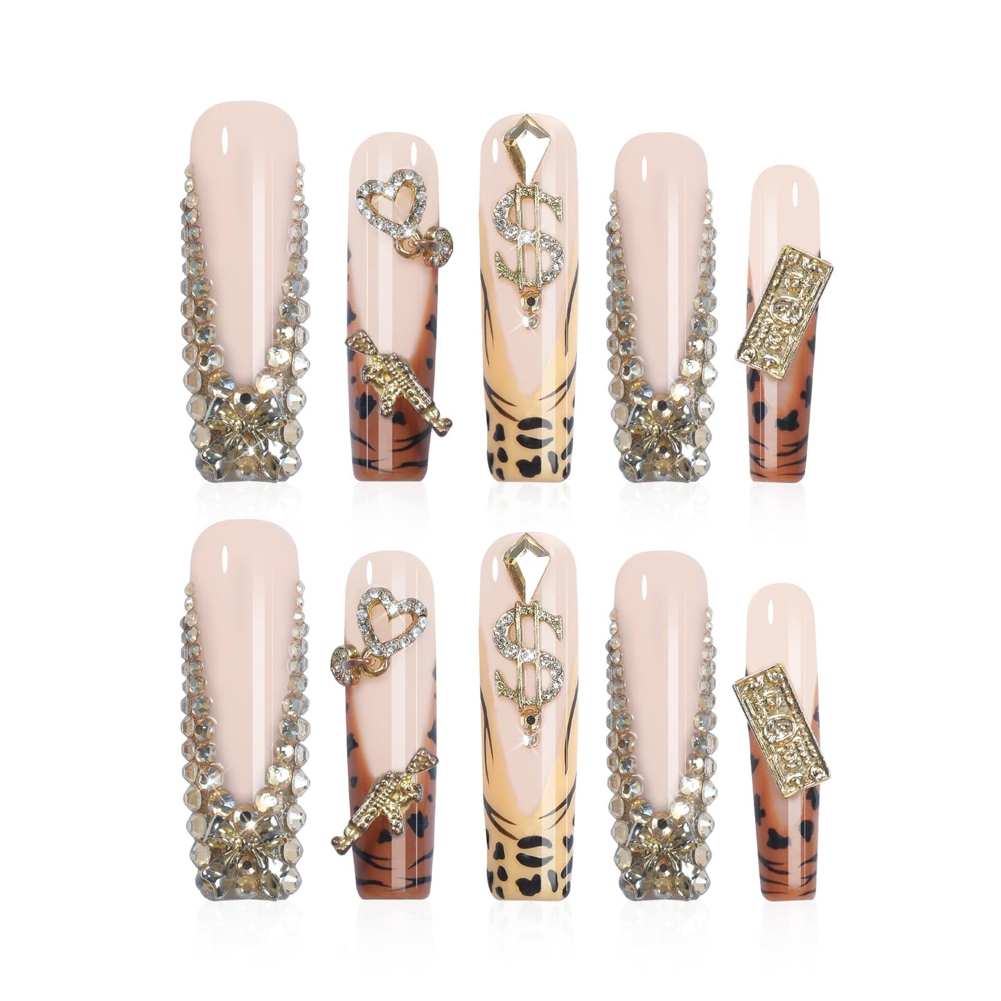 XGV Handmade Press on Nails Long Square 10pcs, Pink Fake Nails with Rhinestones, Reusable Acrylic Press on Nails for Party Salon