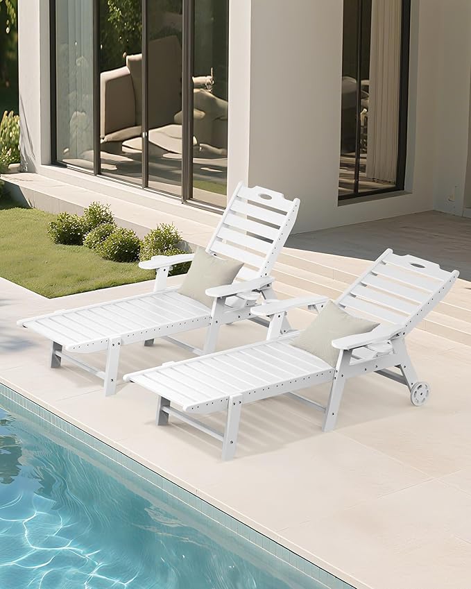 Carauci Lounge Chair Outdoor Set of 4, HDPE Chaise Lounge with Wheels, 5-Position Adjustable Backrest & 2 Cup Holders Patio Lounge Chair, All-Weather Pool Sun Lounger for Poolside, Backyard, White