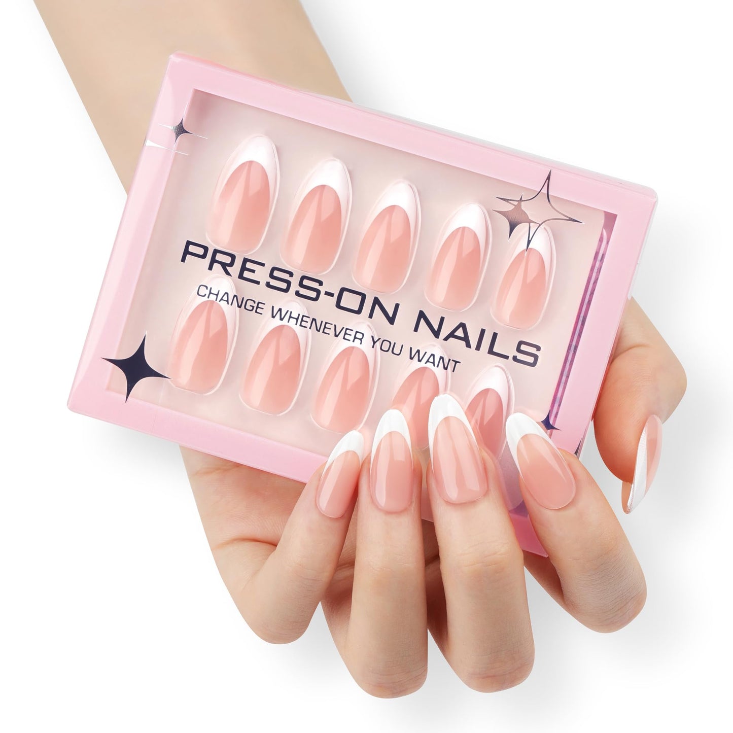 Almond Press-On Nails – 30 Pcs Glossy Chrome, French Tip & Solid Color Nail Set with Glue & Adhesive Tabs | PMMA Coated Reusable False Nails for Women & Teens (Minimal Chic, Medium)