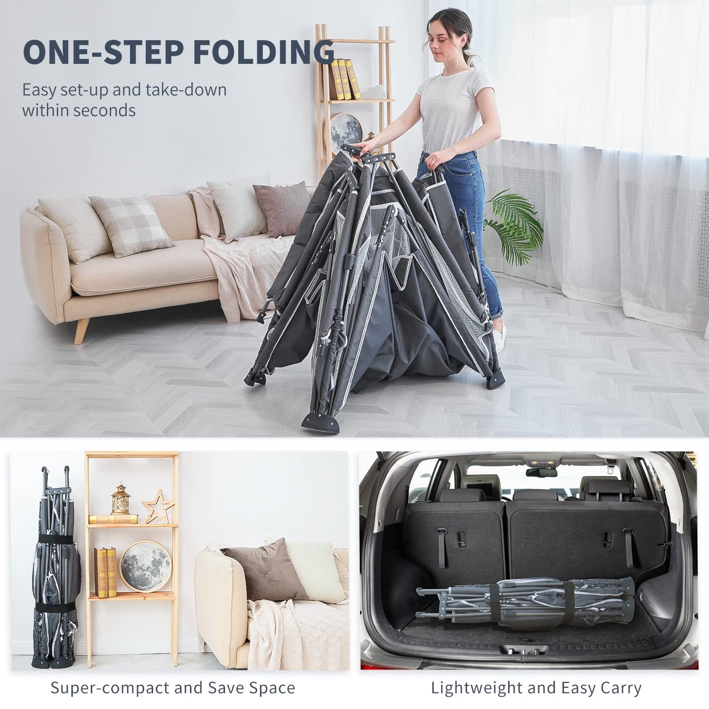 Yobear Foldable Baby Playpen (71"x59") - Portable Play Yard for Babies and Toddlers with 50 Ocean Balls, 2 Pull Handles & Carry Bag - Easy Setup Safe Indoor Outdoor Kids Activity Center (Dark Grey)
