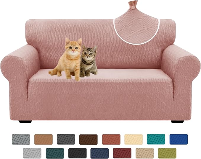 XINEAGE New 1 Piece Couch Covers for 2 Cushion (55"-69") Stretch Loveseat Sofa Cover Slipcover Jacquard Universal Furniture Protector with Elastic Bottom for Kids,Dog (Loveseat, Dusty Pink)