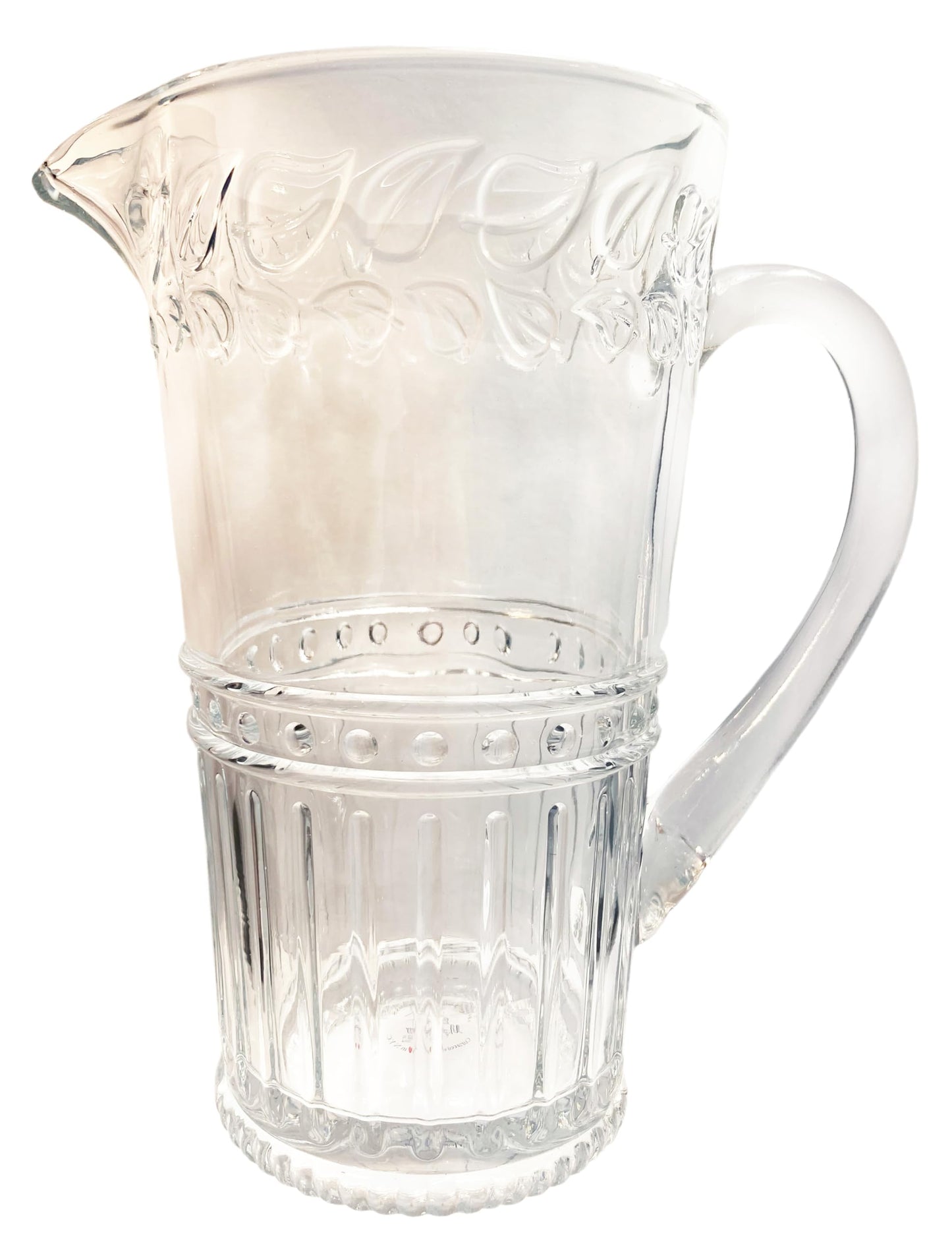 Vintage Style Glass Pitcher, 34 oz, Embossed Deco Pattern, Clear