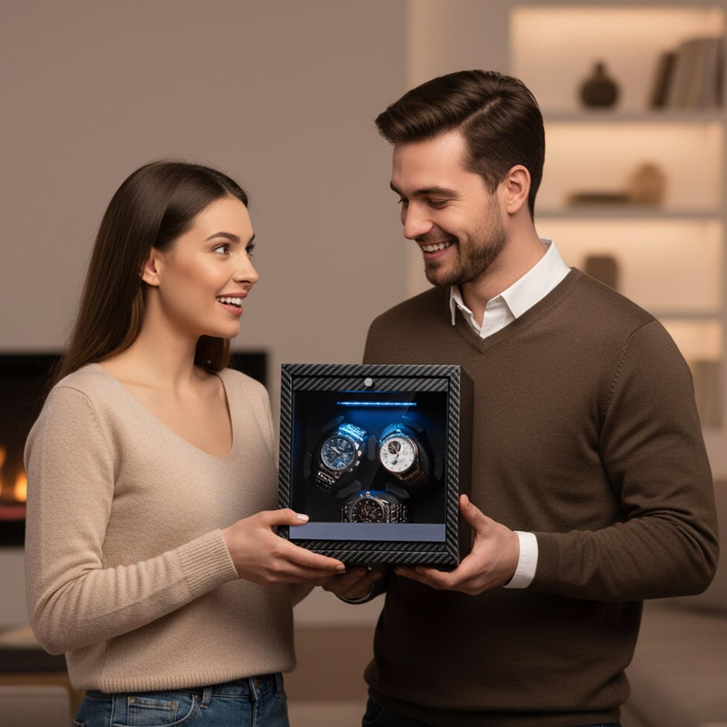 Mcbazel Watch Winder for Automatic Watches, 4 Rotation Modes Watch Winder Box with Super Quiet Motor, Blue LED Light, Memory Foam Pillows, Gift for Men & Women [Black]