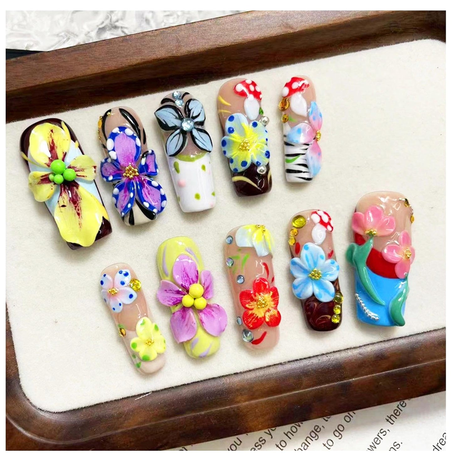 Handmade 3D Floral Art Colorful Square Press On Nails, Sweet Rhinestone Artisan Nails Set, Reusable Glossy Press-ons with Tool Kit(S)