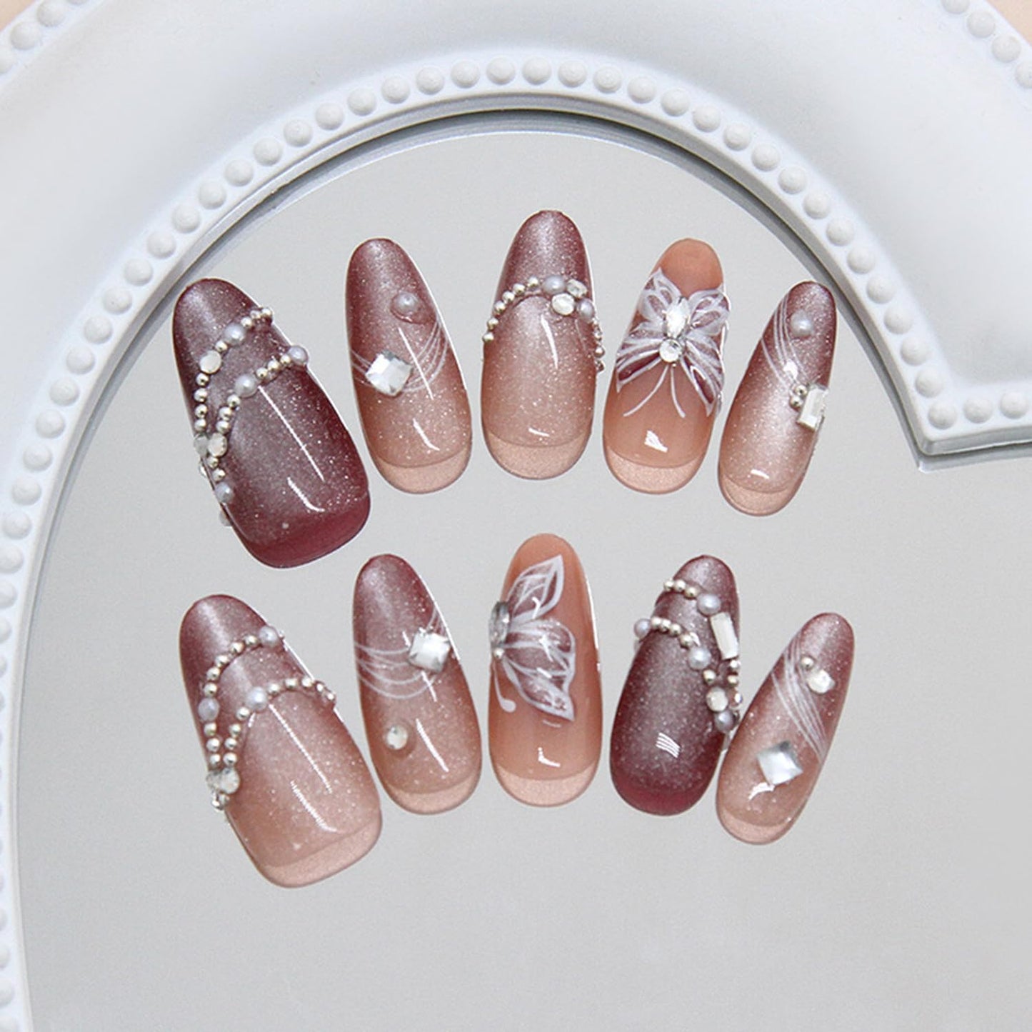 TBRZTR Press on Nails Medium Artificial Almond Acrylic False Nails 3D Butterfly with Rhinestones Pearl Glitter Stick on Nail Full Cover Reusable Coffin Artificial Fingernails for Women Manicure 24Pcs