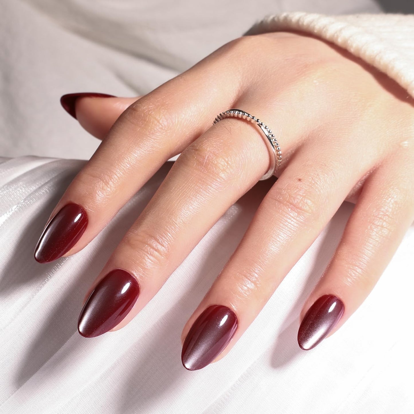 Leefrei Cat Eye Press On Nails - Glazed Ruby Red Press On Nails Short Almond Nails Press Ons for Women Fake Nails with Glue, Glossy Reusable Glue on Nail in 16 Sizes - 32pcs, Ruby Moon