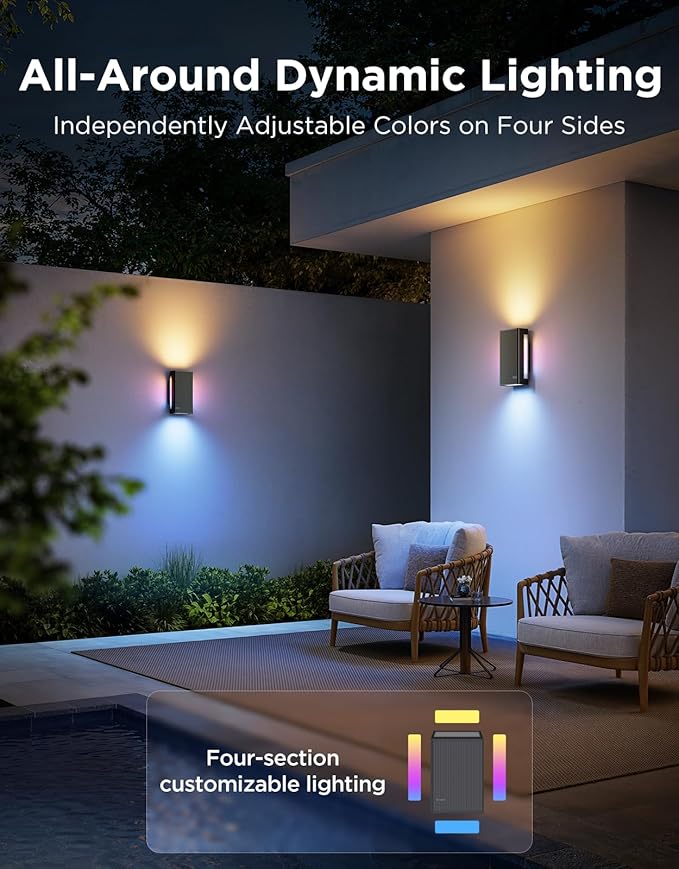 Govee Outdoor UpDown Wall Light, 2 Pack, 1200LM RGBICWW Smart Porch Lights Outdoor with 64 Scene Modes, IP66 Waterproof Wall Sconce for Outdoor Decor, Works with Alexa, Google Assistant and Matter