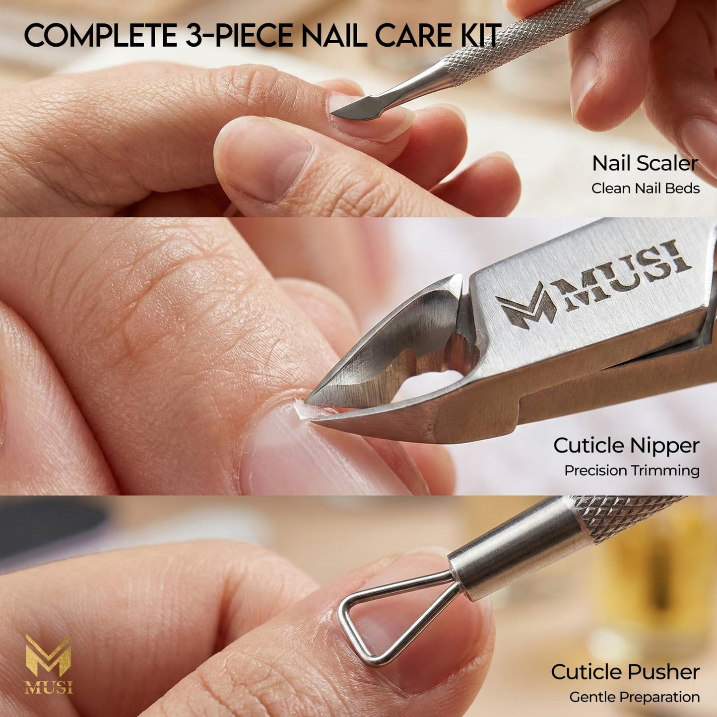 MUSI 3 PC Cuticle Trimmer Clippers & Pusher, Trim Cuticles & Remove Dead Skin for Manicure & Pedicure and Groom Fingernails & Toenails with Sharp, Efficient Cuticle Nipper Kit Men & Women