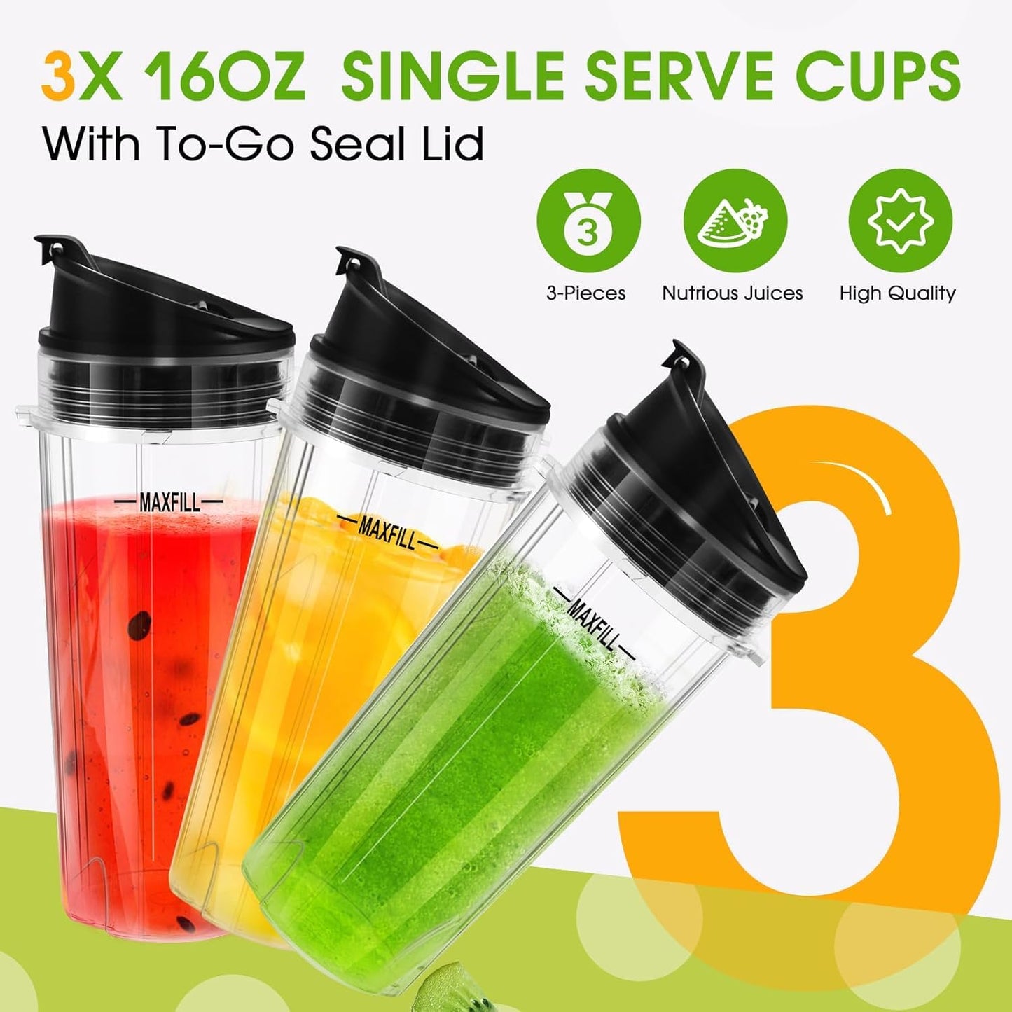 Blender 16oz Cups Replacement for Ninja - 3 Pack Ninja Blender Cups with Lids, Compatible with Ninja QB3001SS, BL770, BL780, BL660, BL740, BL810, Nutri Ninja Series Blenders