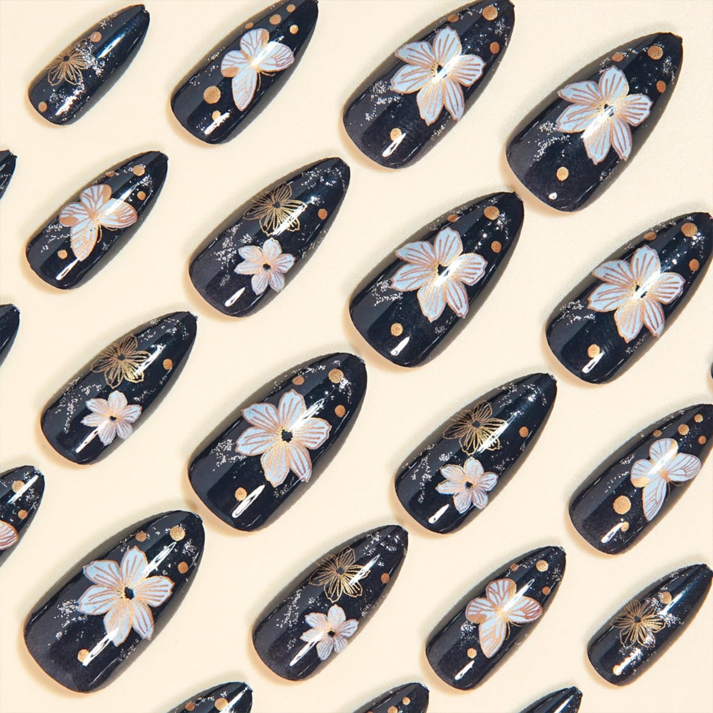 Retro Butterfly Press on Nails Medium Almond Fake Nails Flower Pattern Glue on Nail Glossy Full Cover Acrylic False Nail for Women