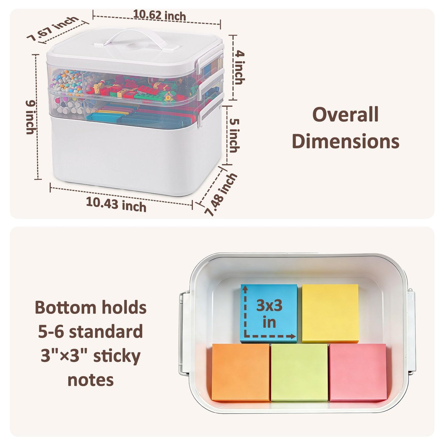 3-Layer Plastic Craft Organizers and Storage Box with Removable Trays, Storage Containers with lids and Handle, Art Supply Storage Organizer for Bead, Ornament, Nail Polish, Tape（10.62" x9"x7.67"）