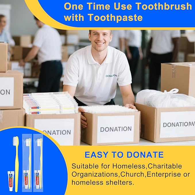 Yellow Disposable Toothbrushes with Toothpaste - Pack of 500,Individually Wrapped Single Use Travel Toothbrushes Kit Bulk for Homeless,Guests,Hotel,Dentist
