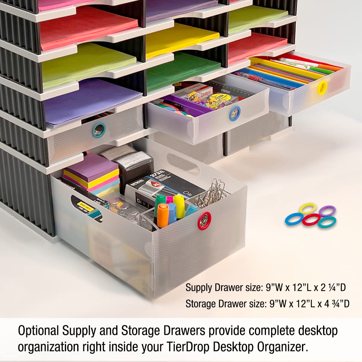 Ultimate Office Desktop Organizer 9 Letter Tray Sorter PLUS Riser Storage Base for Easy Access to Lower Slots, Desk Accessories & Supplies. Optional File Topper & Drawers