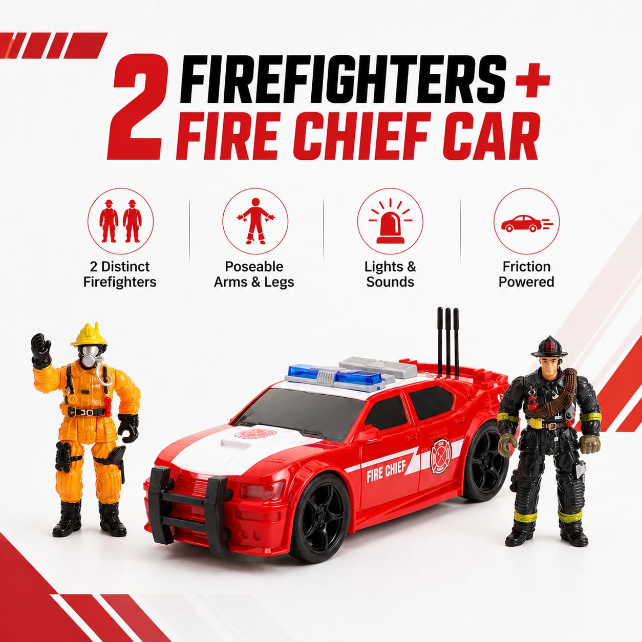 Friction Powered Fire Rescue Toy Set – 1:20 Scale Fire Truck, Helicopter & 2 Firefighter Action Figures with Lights & Sounds – Educational Emergency Vehicle Playset for Kids Ages 3+