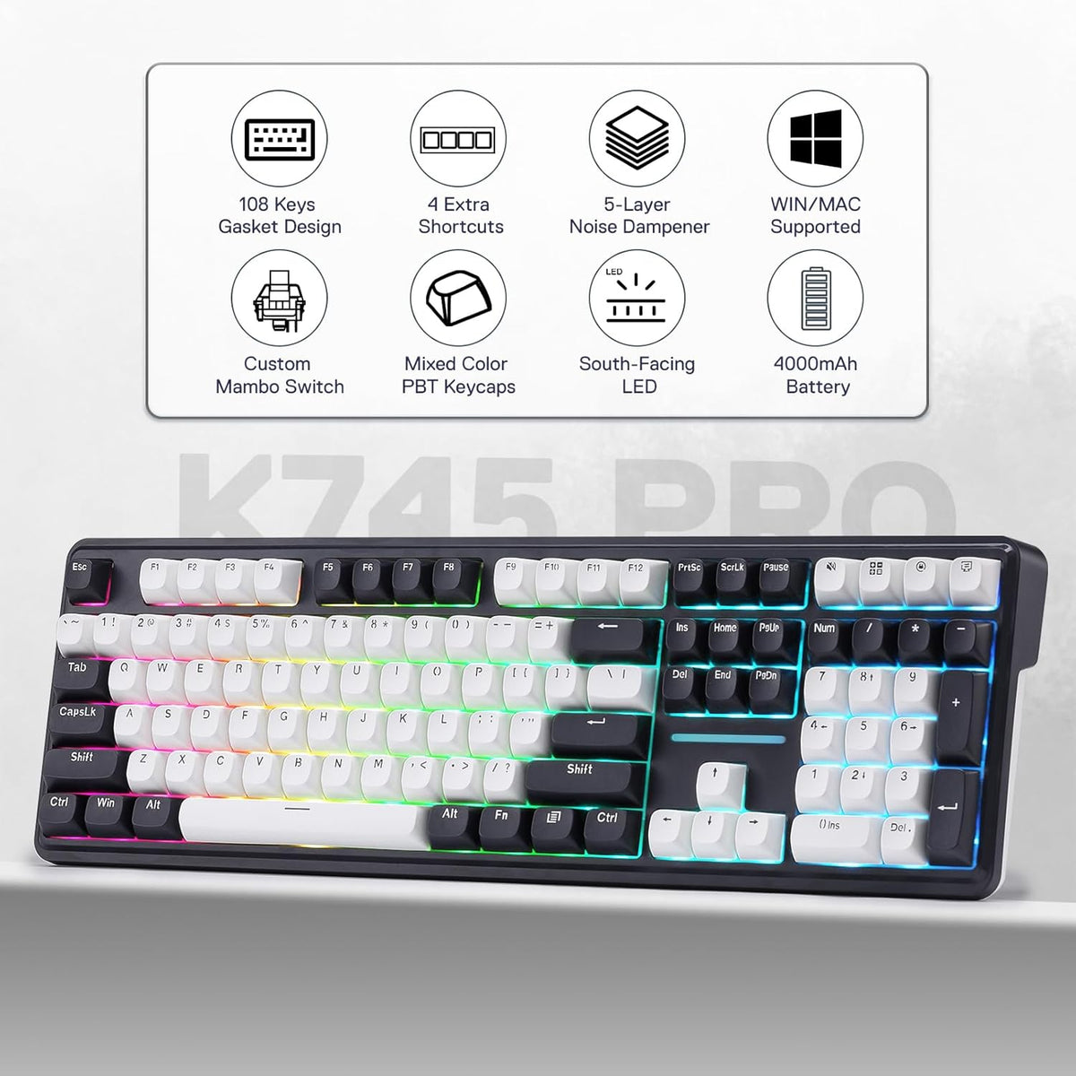 Redragon K745 PRO Wireless Gasket RGB Gaming Keyboard, 108 Keys Mechanical Keyboard w/Extra 4 Hotkeys, Hot-Swap South-Facing LED Socket, 5-Layer Noise Dampening, Round PBT Keycaps, Mint Mambo Switch