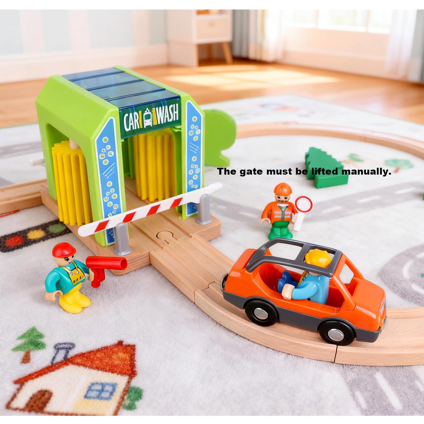 Wooden Car Wash Station with Train Truck,Expansion Pack Compatible with Railway Train Set,Wooden Toy Train Accessory for Kids Age 3 and Up