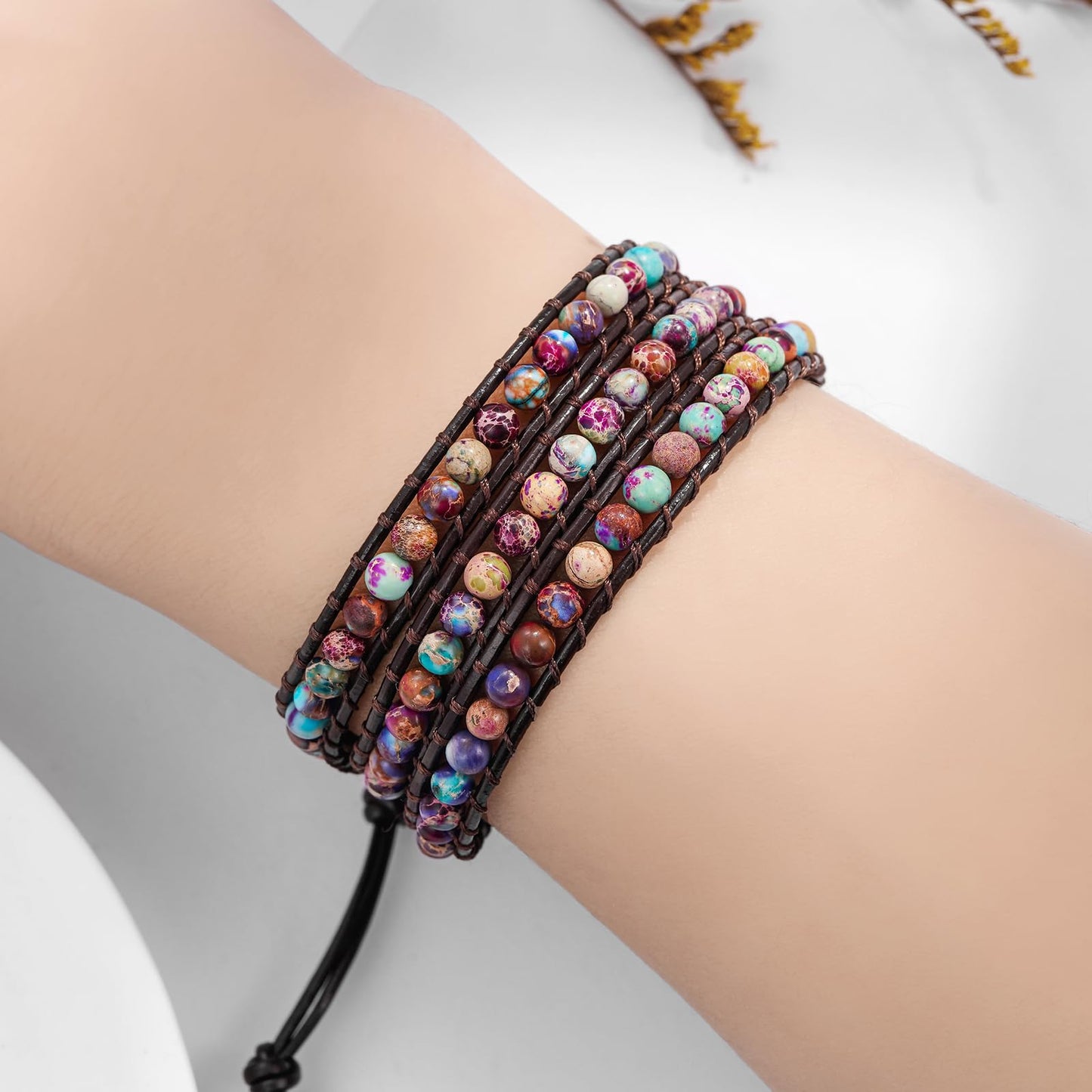 Plumiss Boho Unique Blue Purple Jasper Stone 4mm Beads Genuine Leather Handmade 3 Wrap Bracelets Jewlery Gift