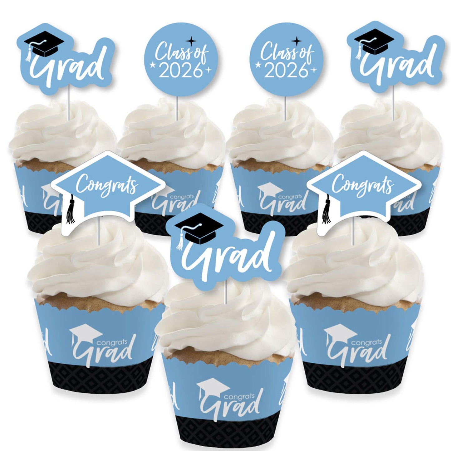 Big Dot of Happiness 2026 Light Blue Graduation Cupcake Decoration - Party Cupcake Wrappers and Treat Picks Kit - Set of 24