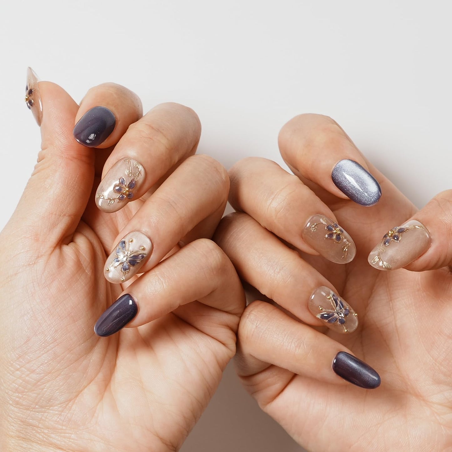 Tesytto Handmade Press on Nails Almond Shape Glossy Reusable False Nails for Nail Art (Soft Purple Gold Branch, S)