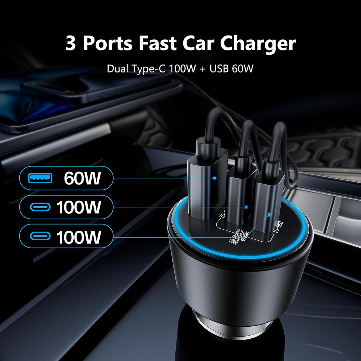 200W Super Fast Car Charger for iPhone 16/15 Pro Max, 3-Port USB C Car Charger Adapter with 2×100W USB C to C Cables, PD3.0/QC4.0, 12V-24V Vehicle Compatible, LED Light & Overheat Protection