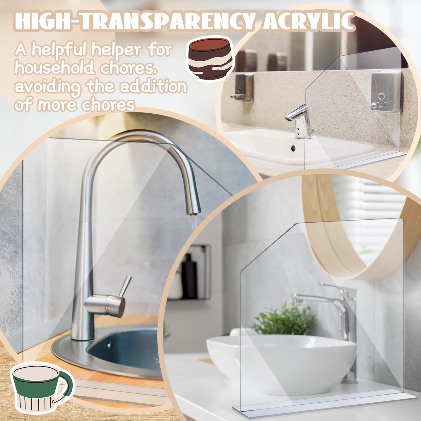 2 Pcs Clear Acrylic Sink Splash Guard with Suction Cup Freestanding Panel Barrier 15.35" x 4.5" x 14.01" Barrier Kitchen Guard Protective Splatter Barrier for Home Hospitals
